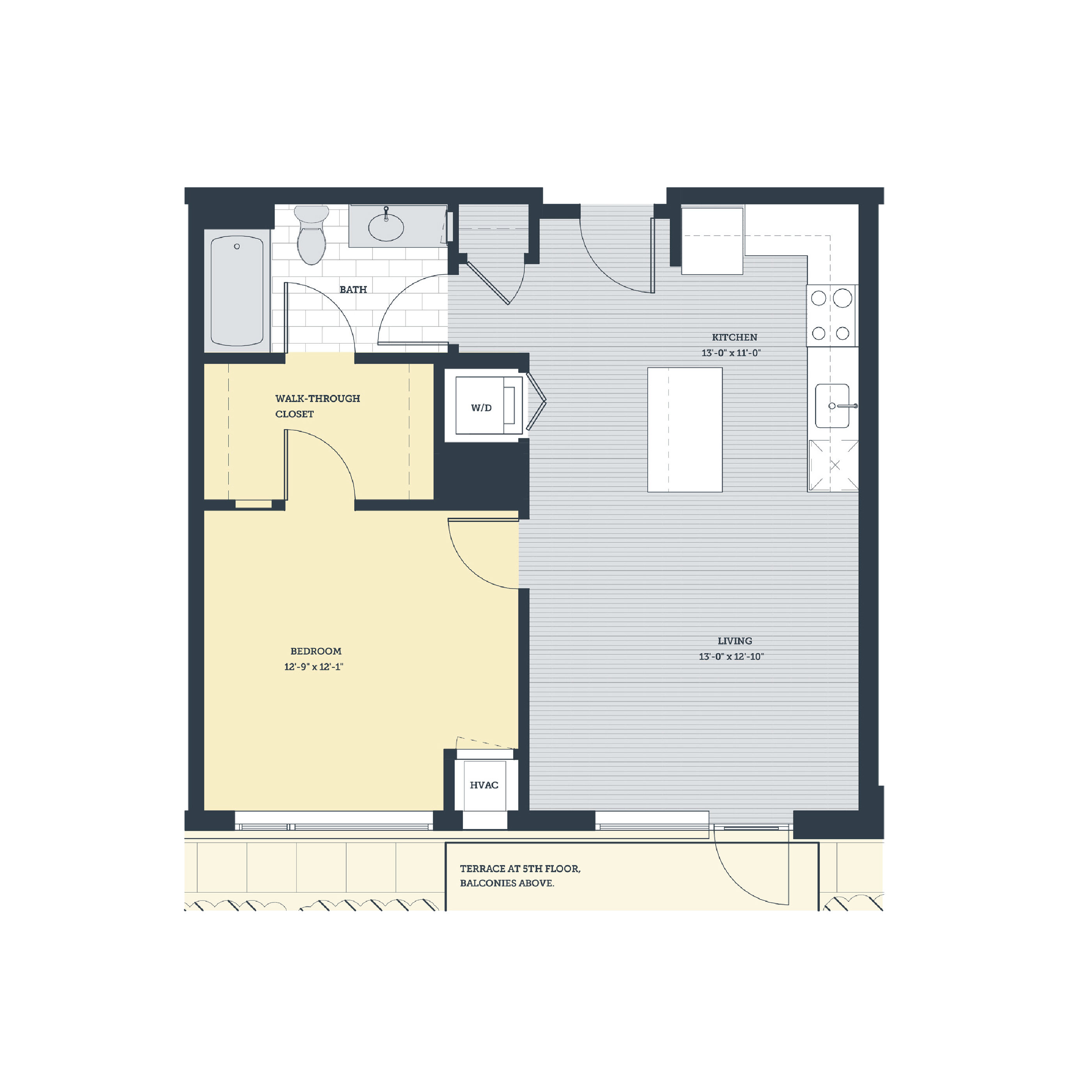 Floor plan for 1 bed, 1 bath, 702 sqft